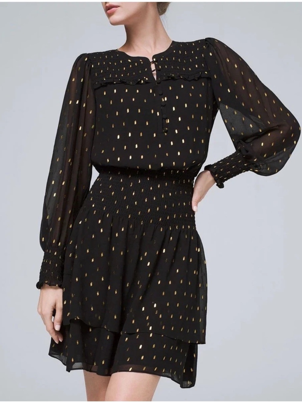 NWOT Black‎ Dress w/ Gold Metallic Dot Accents Smocked Waist Long Sleeve Large